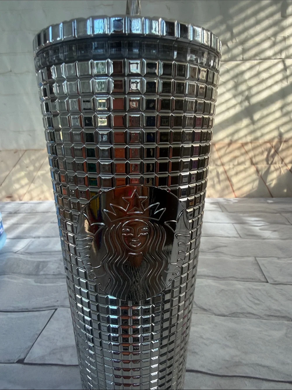 New STAR STARBUCKS holiday silver chrome grid  disco tumbler 24oz